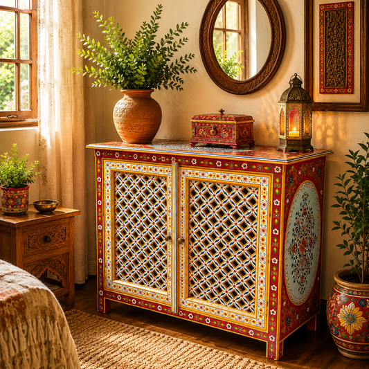 Cómoda Oriental De la India en Madera Pintada a Mano Diseño Hindu Geométrico con Detalles Florales Vintage