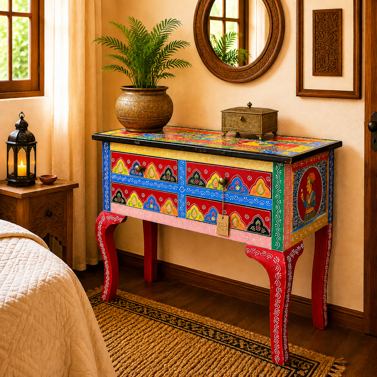 Cómoda Oriental De la India en Madera Pintada a Mano Arte Hindu Floral y Diseño Vintage Artesanal