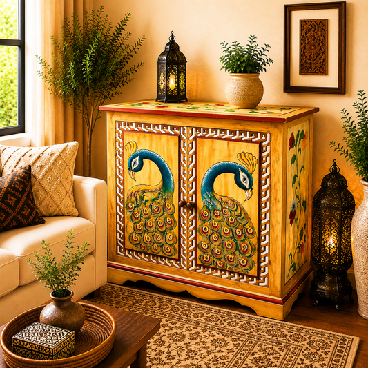 Cómoda Oriental De la India en Madera Pintada a Mano con Diseño de Pavos Reales