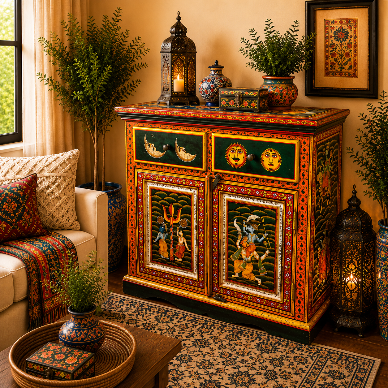 Cómoda Oriental De la India en Madera Pintada a Mano diseño Hindú con Arte Krishna, Sol y Luna Vintage