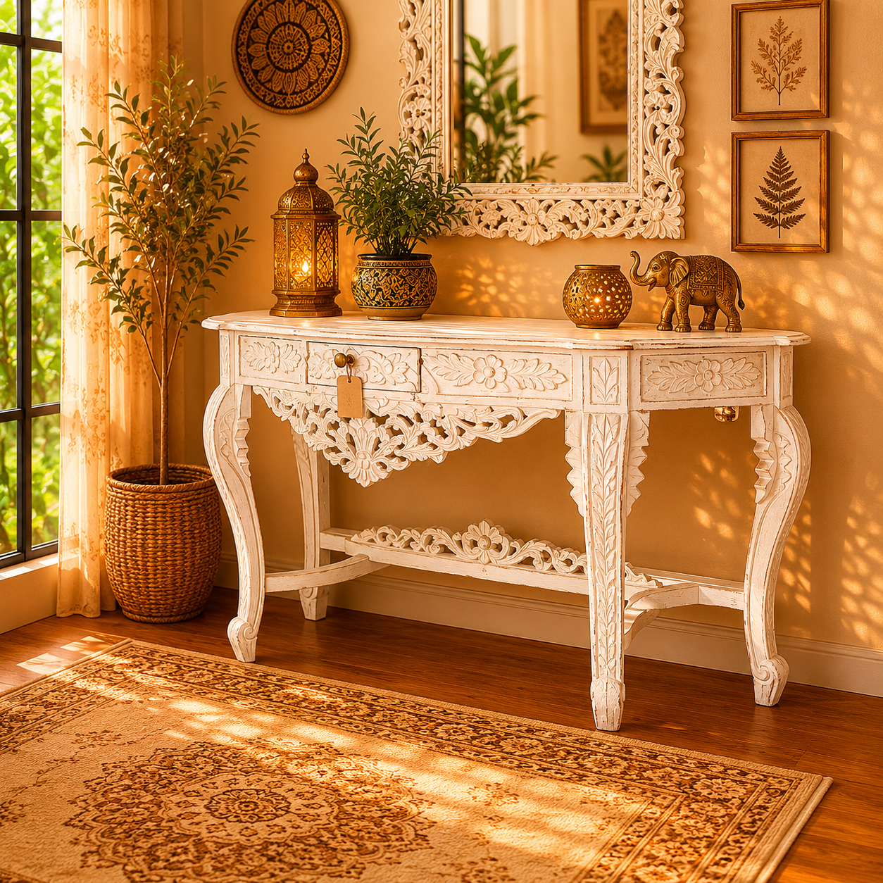 Hand-Carved Indian Artisan Console with Hindu Floral Design and White Vintage Finish