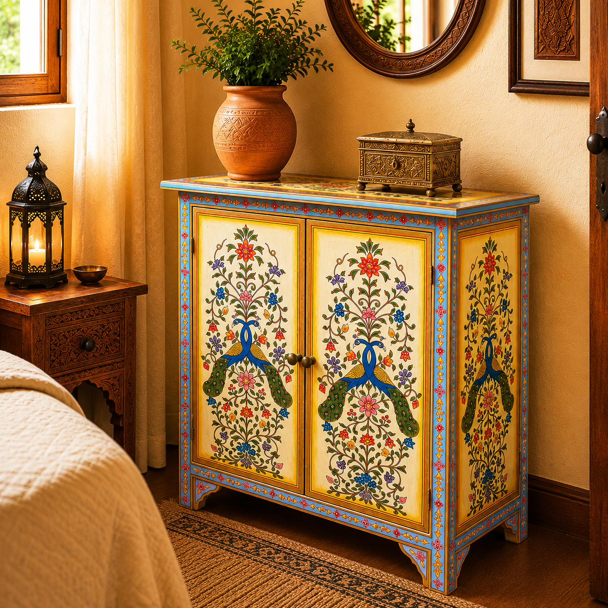 Cómoda Artesanal De la India con Diseño de Pavos Reales y Pintura Floral Hecha a Mano Vintage