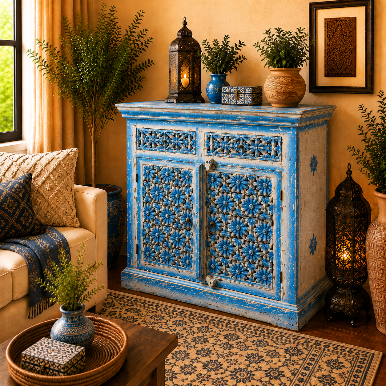 Cómoda Oriental De la India en Madera Tallada y Pintada a Mano en Azul Vintage diseño Floral Hindu Artesanal