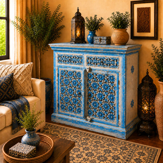 Cómoda Oriental De la India en Madera Tallada y Pintada a Mano en Azul Vintage diseño Floral Hindu Artesanal