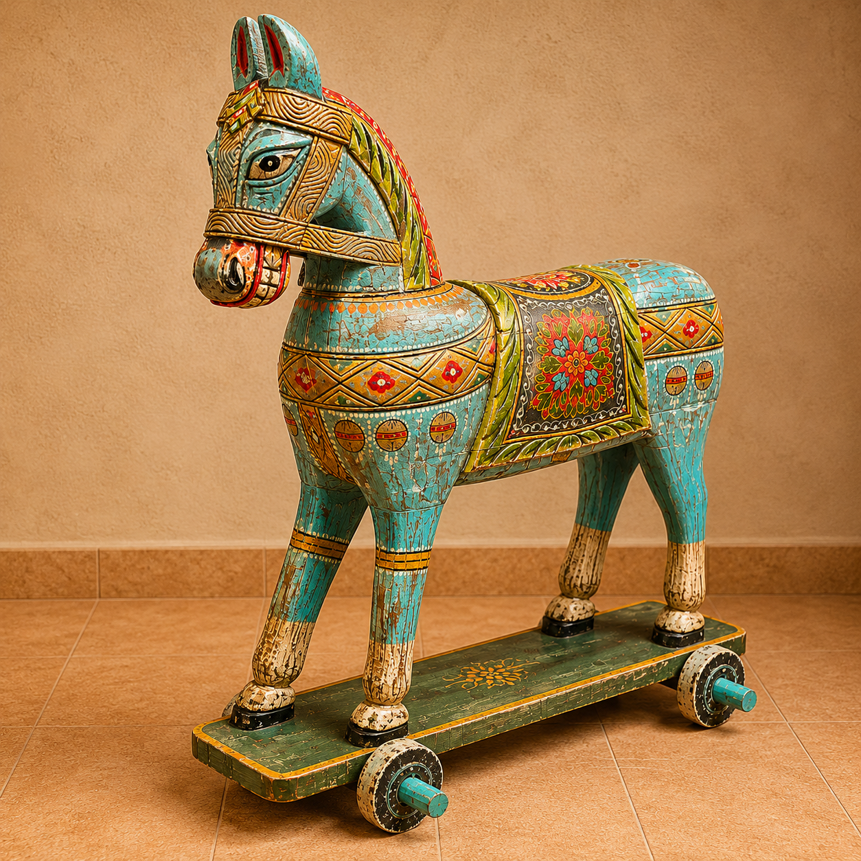 Caballo Hindú Tallado a Mano en Tonos Turquesa y Mandala Floral