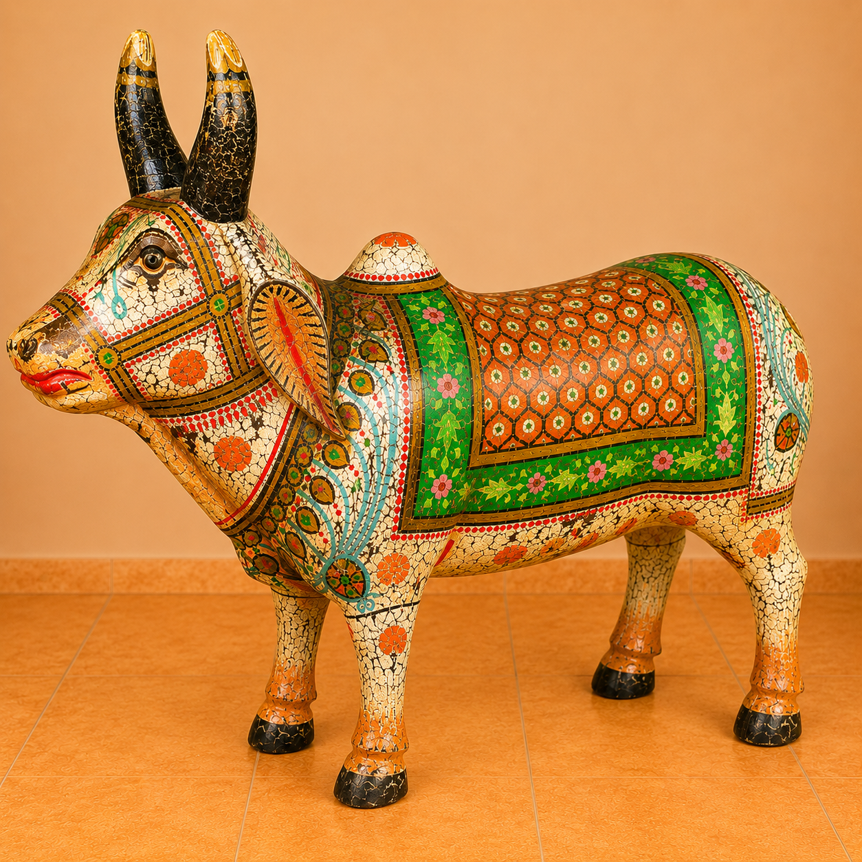 Toro Decorativo Hindú Tallado y Pintado a Mano