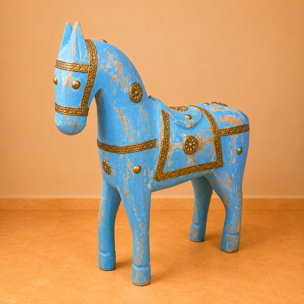 Caballo Decorativo Azul Tallado a Mano