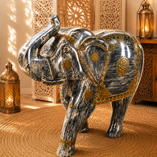 Hand-Carved Decorative Elephant from India in Vintage White and Gold Finish