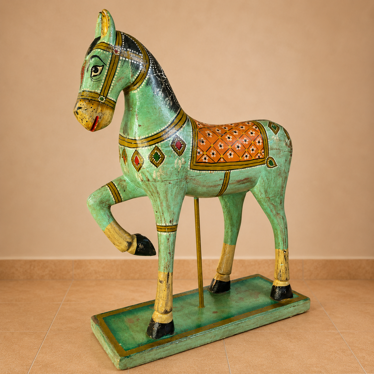 Caballo Decorativo Turquesa en Madera Tallado y Pintado a mano