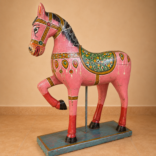 Decorative Pink Horse in Hand-Carved and Hand-Painted Wood