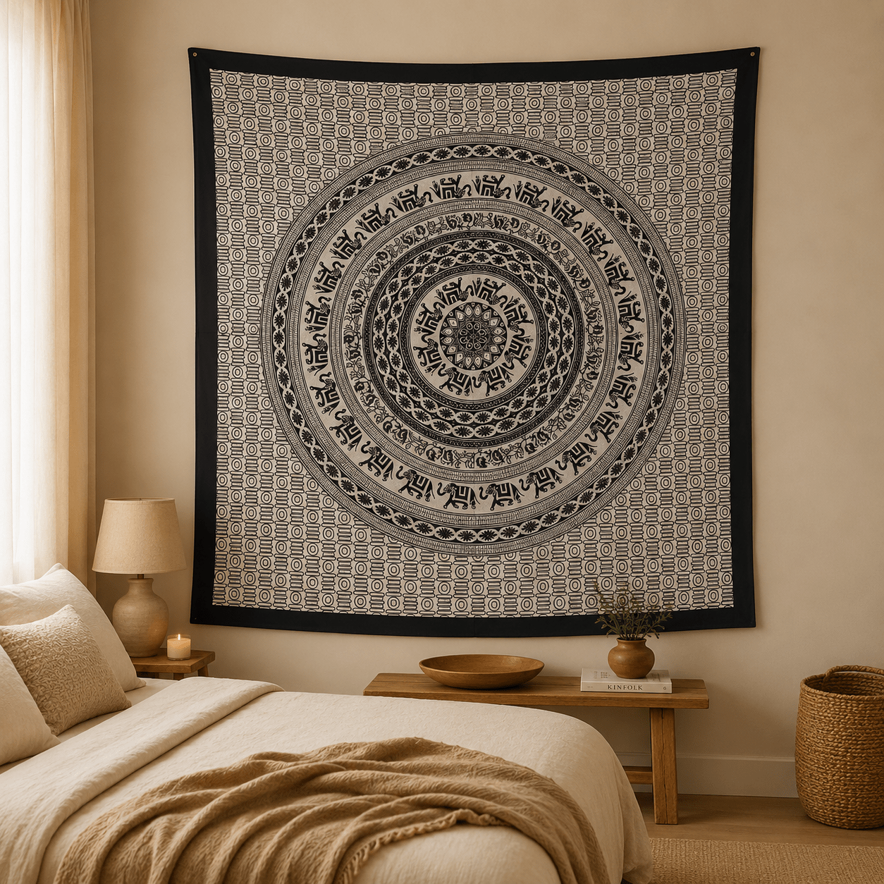 Tapiz Decorativo Mandala Gajendra Monocromático - BOUTIQUEDELAINDIA