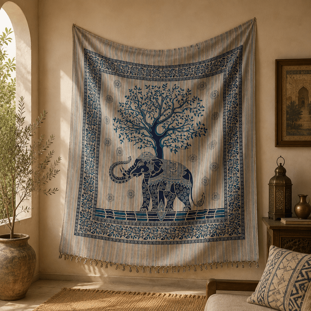 Tapiz Decorativo Árbol de la Vida Gajendra Índigo - BOUTIQUEDELAINDIA