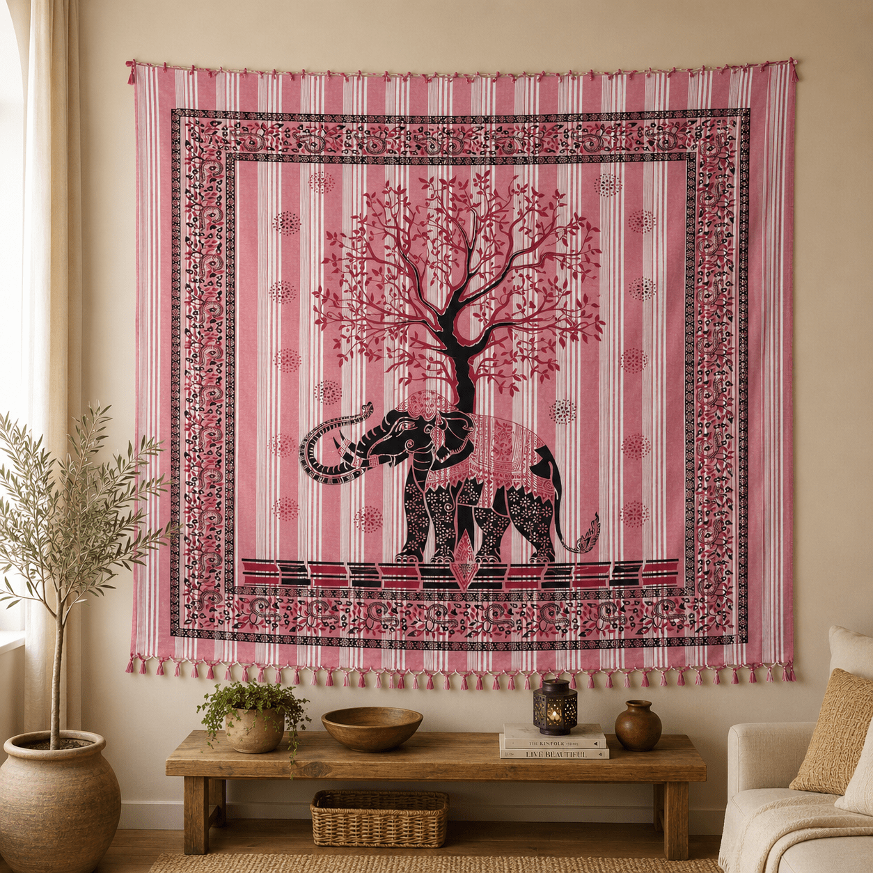 Tela Decorativa Árbol de la Vida Gajendra Rosa - BOUTIQUEDELAINDIA