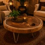 Mesa de centro artesanal, madera maciza, tronco natural, Boutique de la India Colombia.