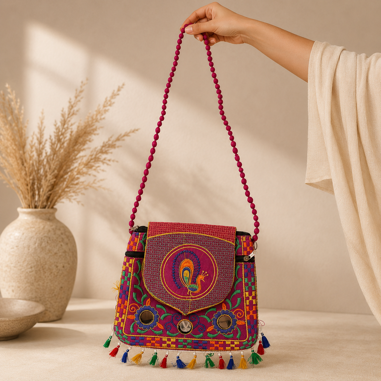 Bolso indio, bolso boho mujer, bordado, bolso con espejos India, cartera Boutique de la India Colombia.