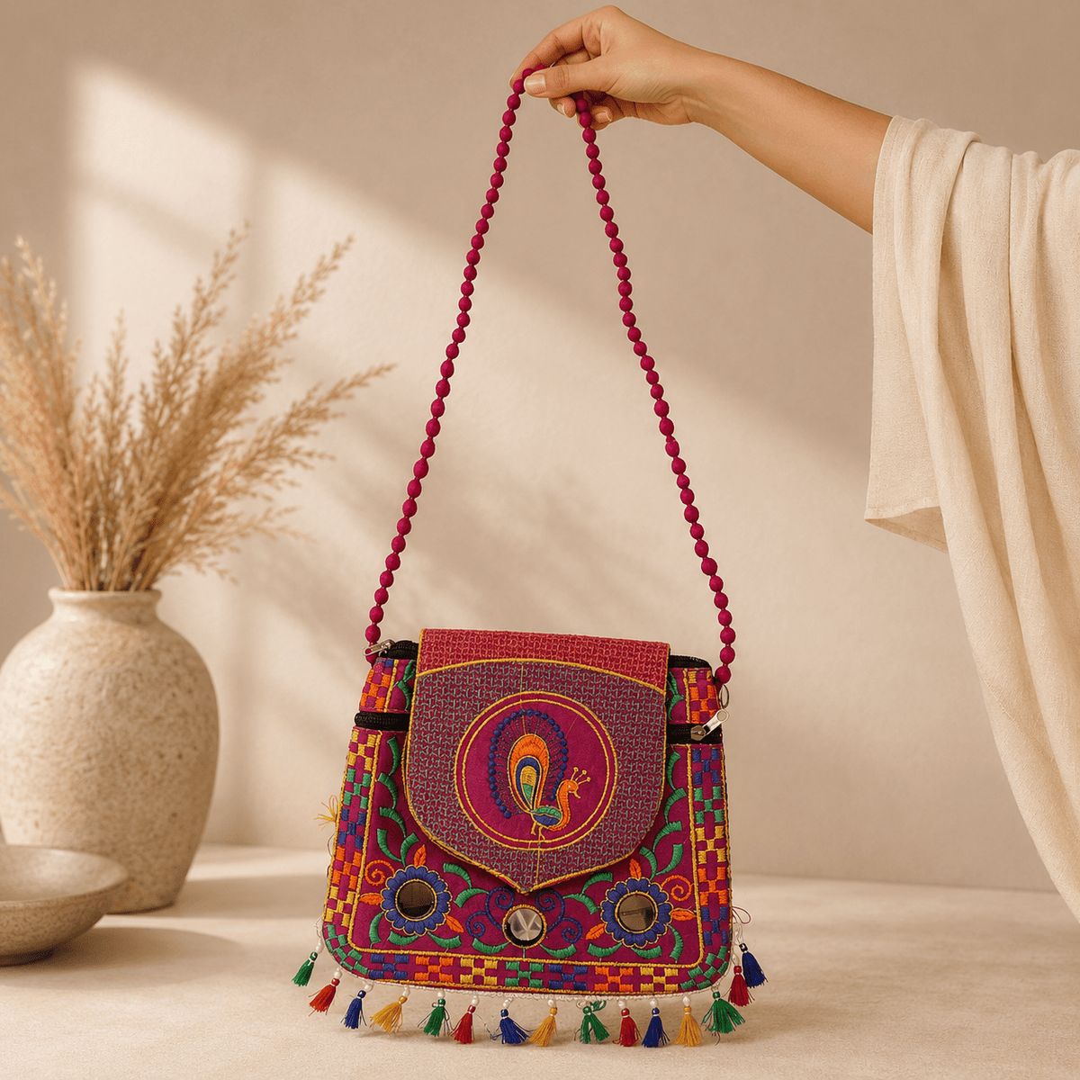 Bolso Pavo Real Violeta Gujarat - BOUTIQUEDELAINDIA