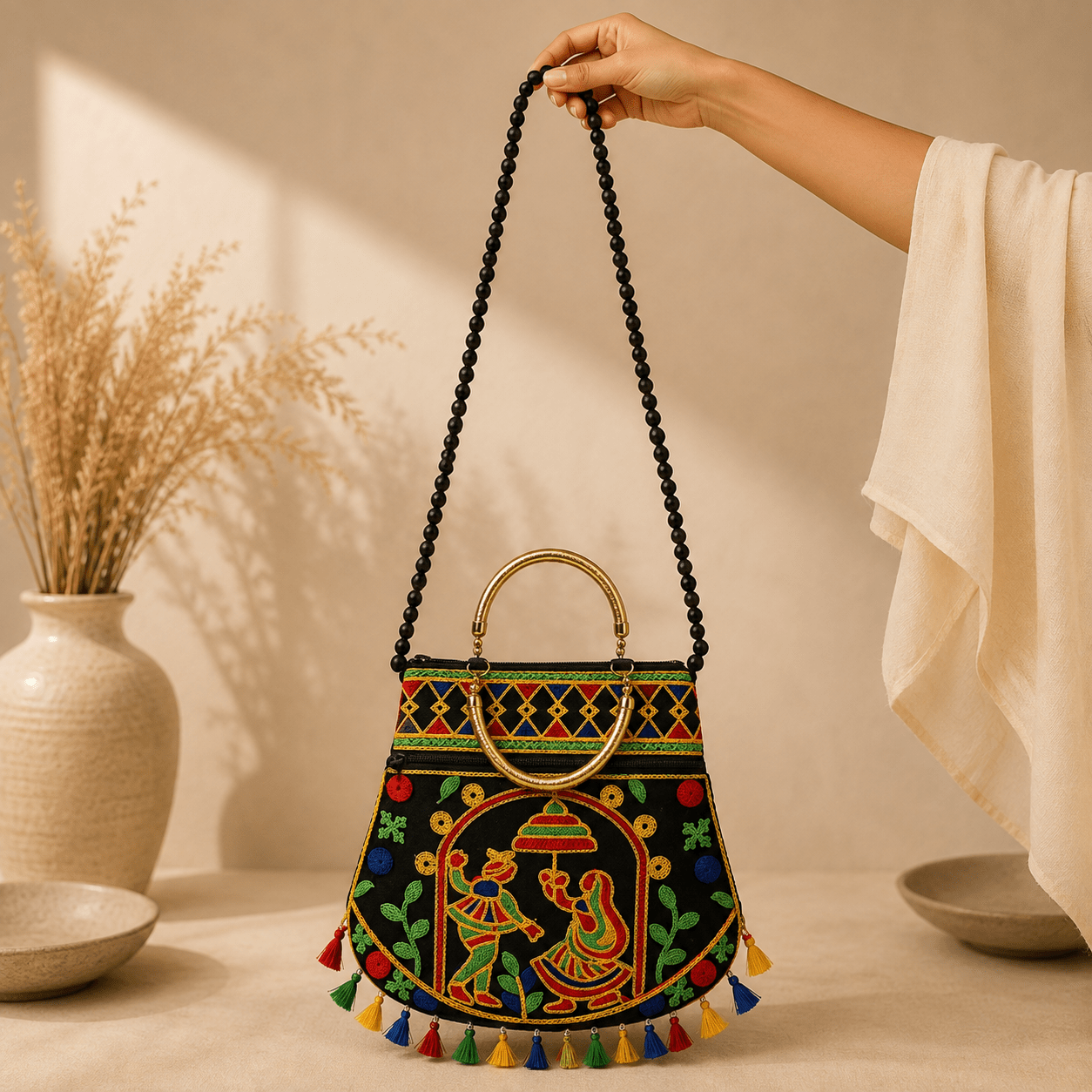 Bolso Radha Krishna Negro Tradicional - BOUTIQUEDELAINDIA