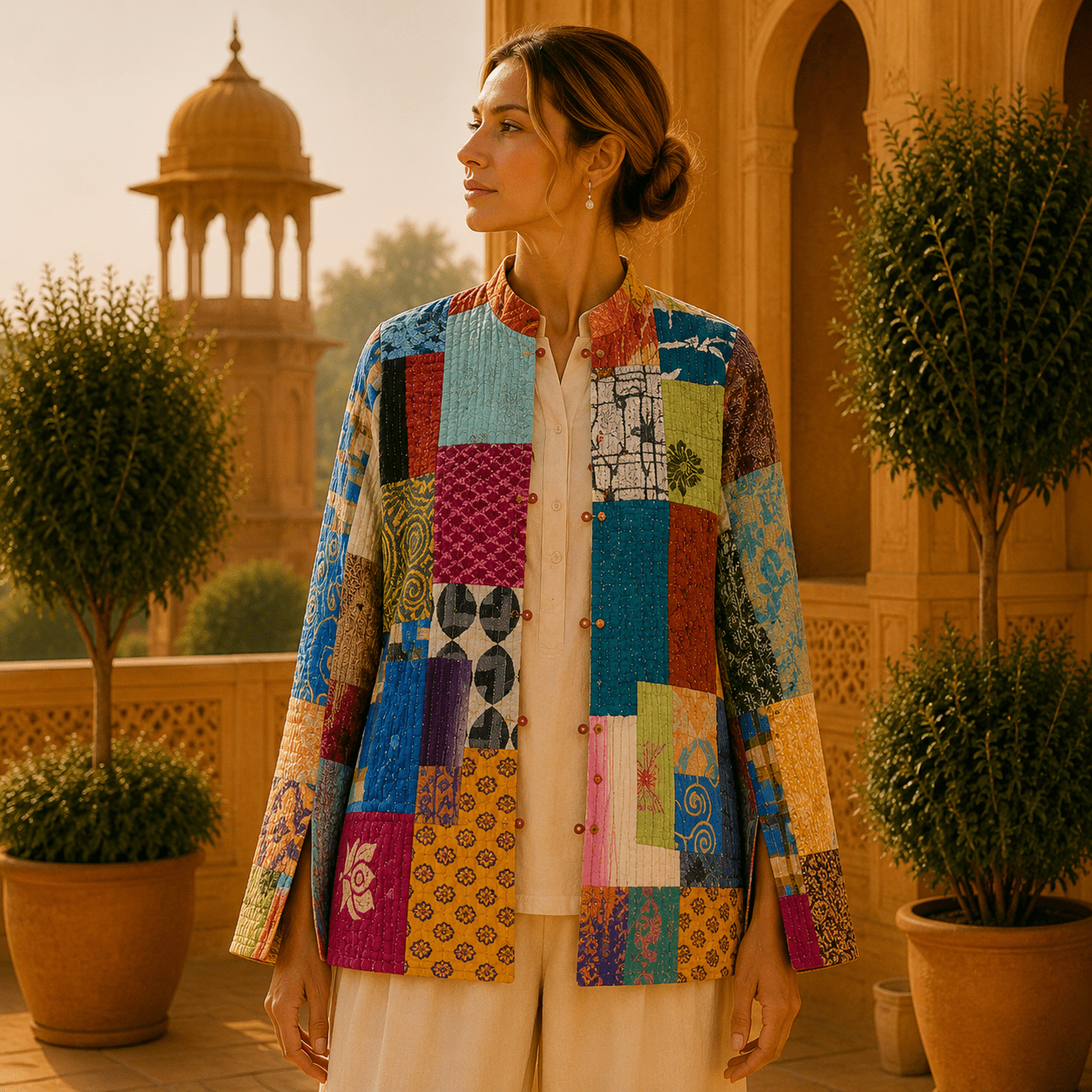 Chaqueta Doble Faz de Seda Mostaza Patchwork - BOUTIQUEDELAINDIA