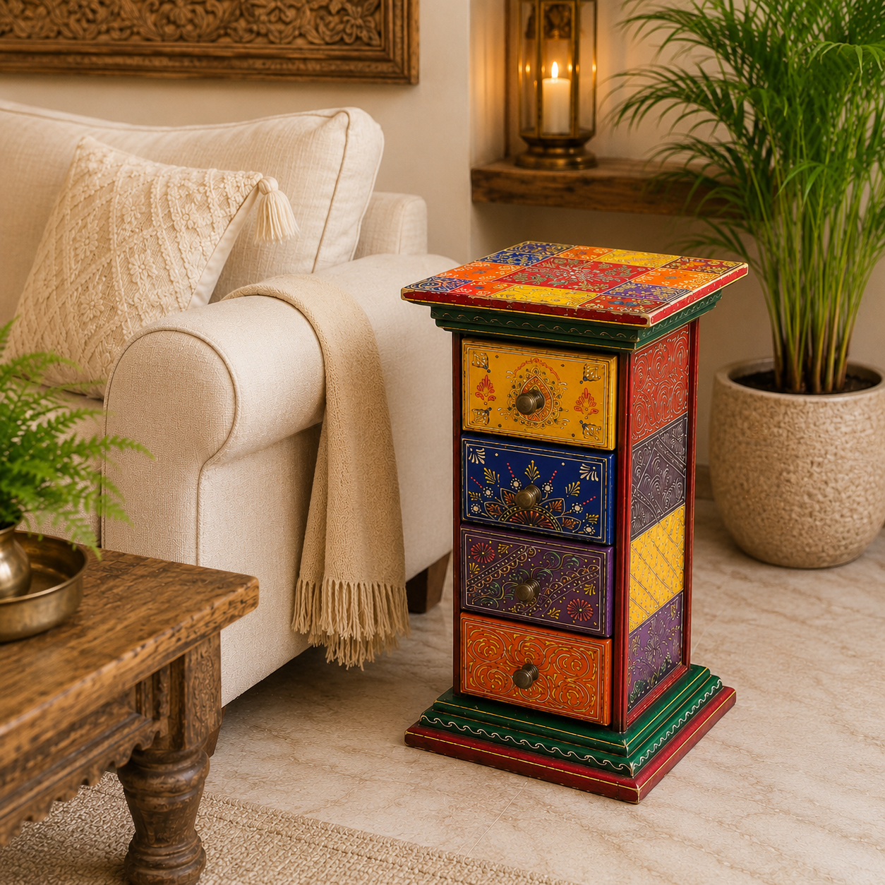 Mesa auxiliar, cajonera decorativa India, cajonera de madera, mueble auxiliar, Boutique de la India en Colombia.