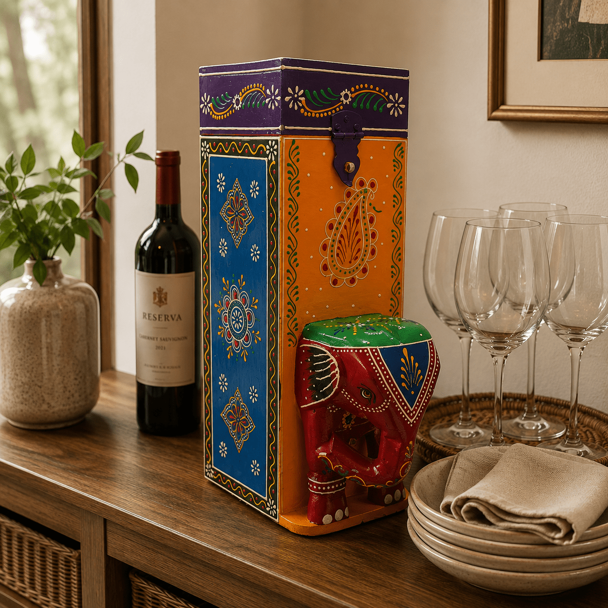 Portavino Artesanal Pushkar Elefante - BOUTIQUEDELAINDIA