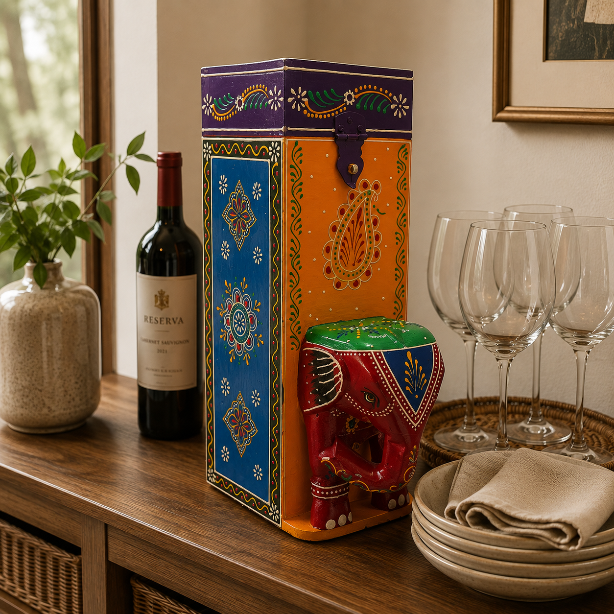 Portavino Artesanal Pushkar Elefante - BOUTIQUEDELAINDIA