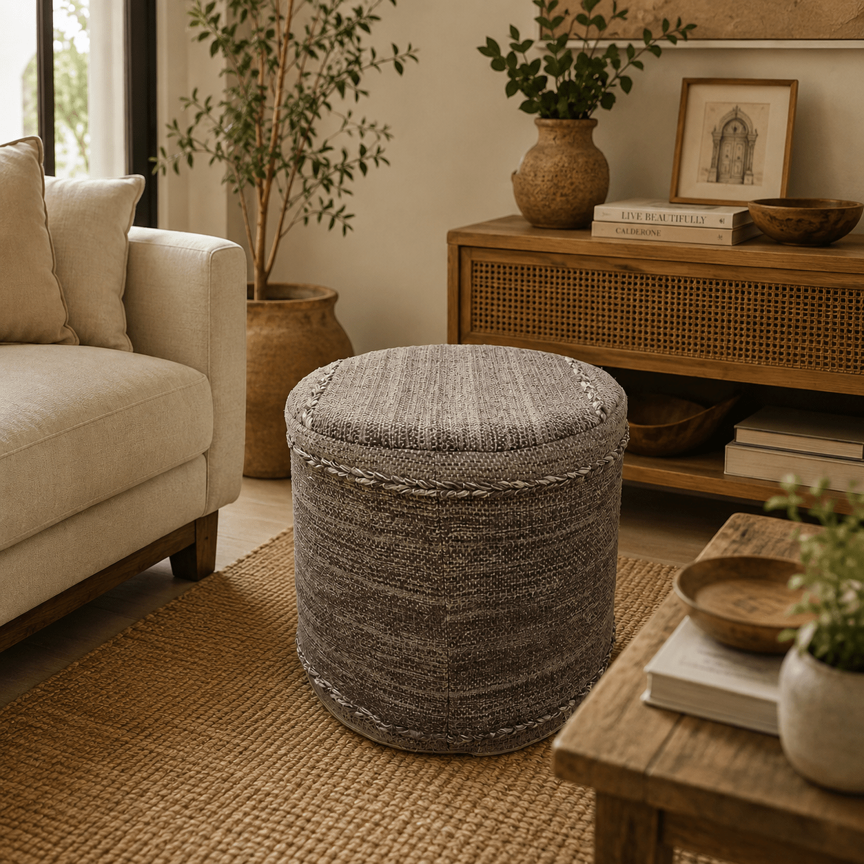 Puff Redondo Ankara Artesanal Gris - BOUTIQUEDELAINDIA