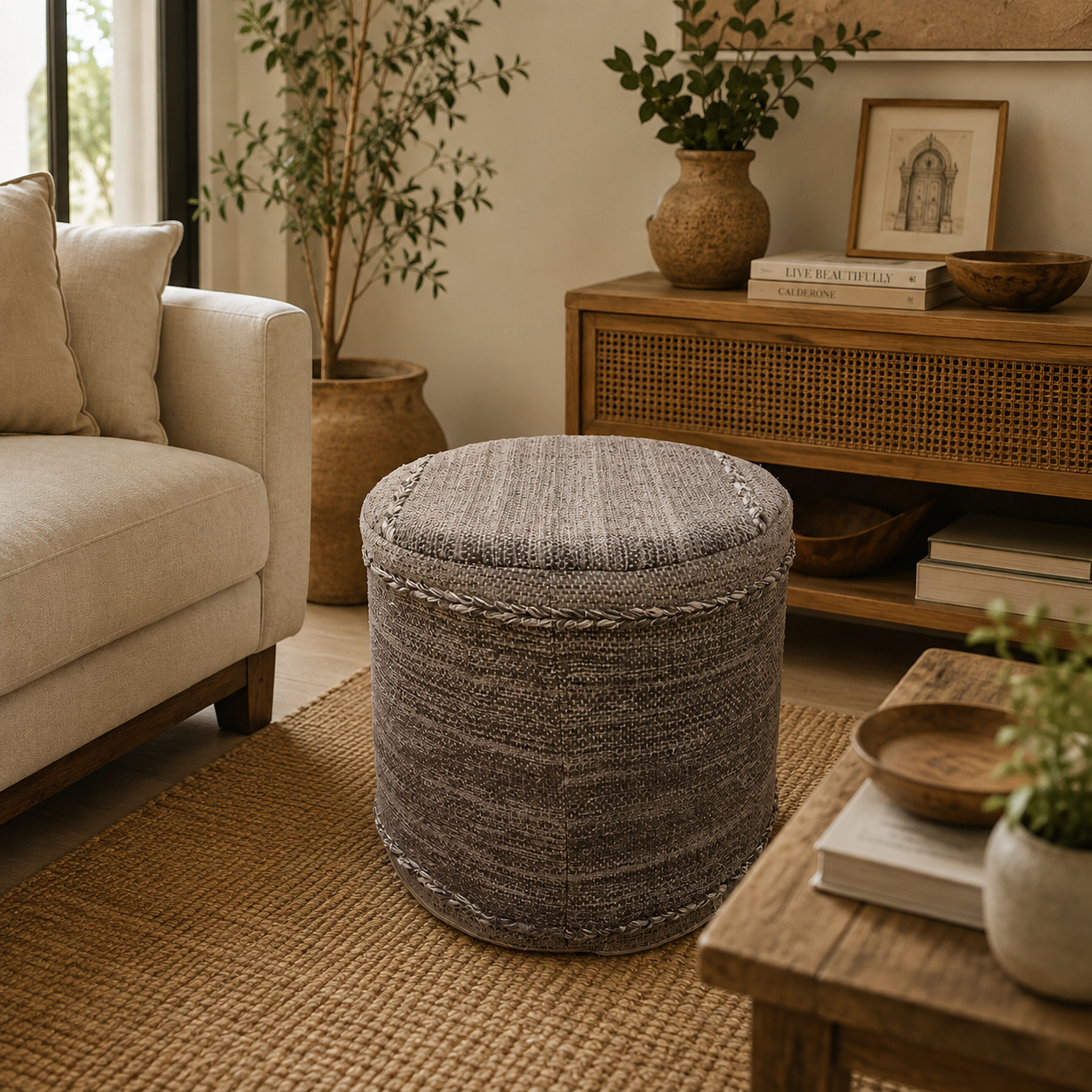 Puff Redondo Ankara Artesanal Gris - BOUTIQUEDELAINDIA