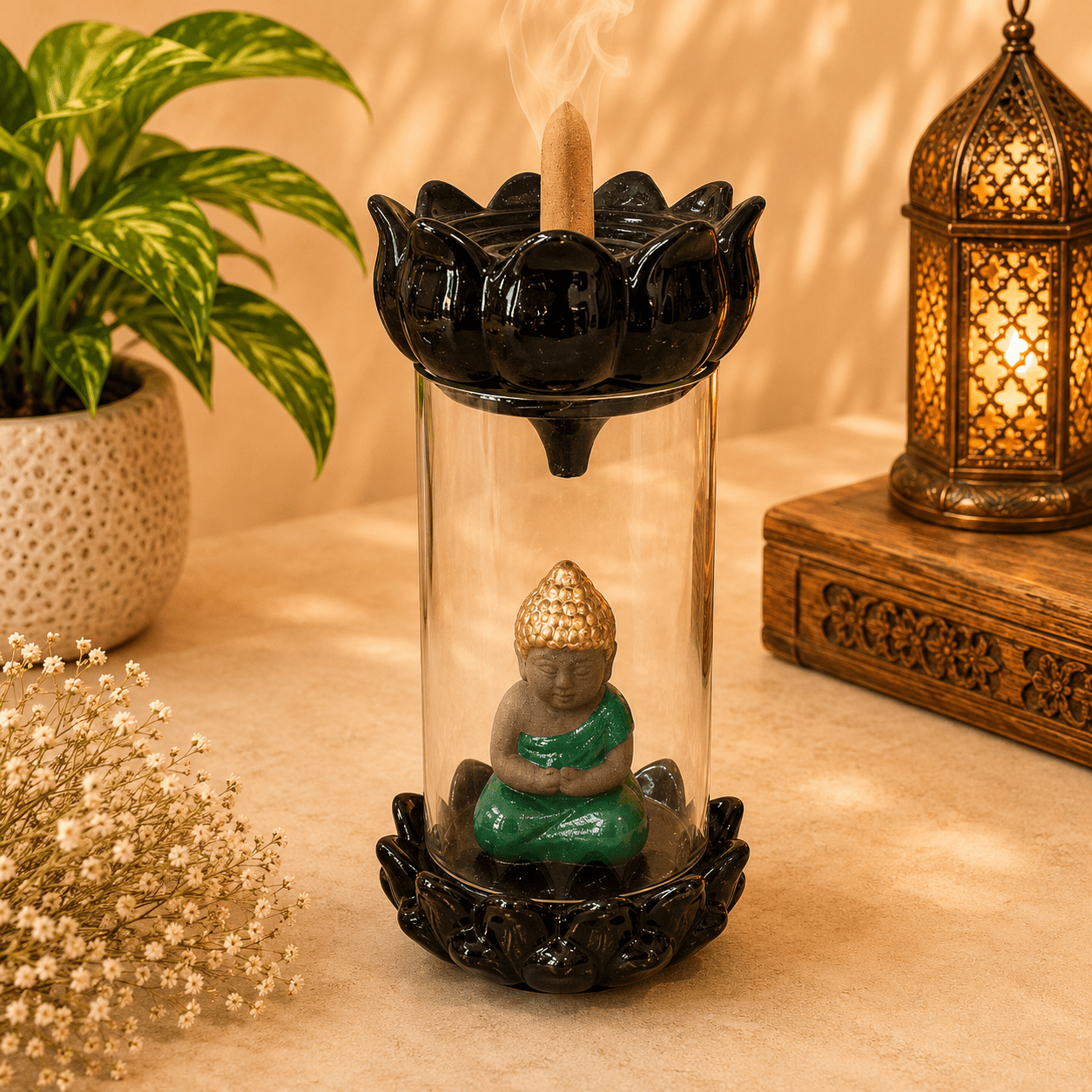 Porta Incienso de Cono con Cascada Buda Verde - BOUTIQUEDELAINDIA
