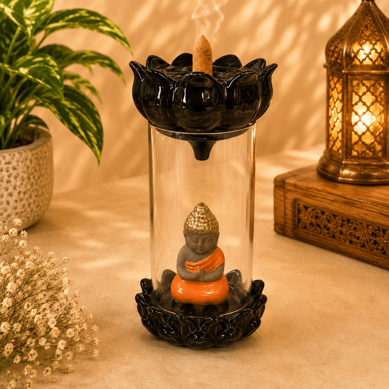 Porta Incienso de Cono con Cascada Buda Naranja - BOUTIQUEDELAINDIA