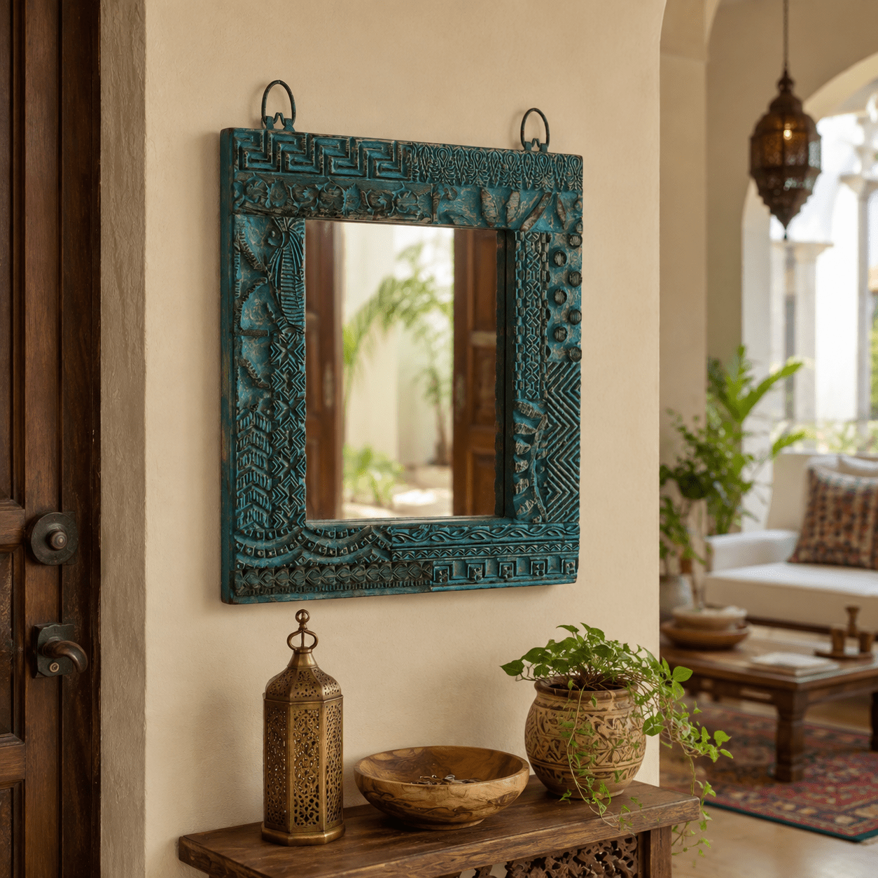 Espejo Decorativo Shilpa Azul con Relieves Artesanales - BOUTIQUEDELAINDIA