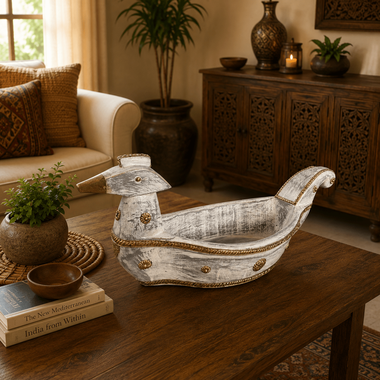 Figura Decorativa Artesanal Mayura Blanco y Dorado - BOUTIQUEDELAINDIA