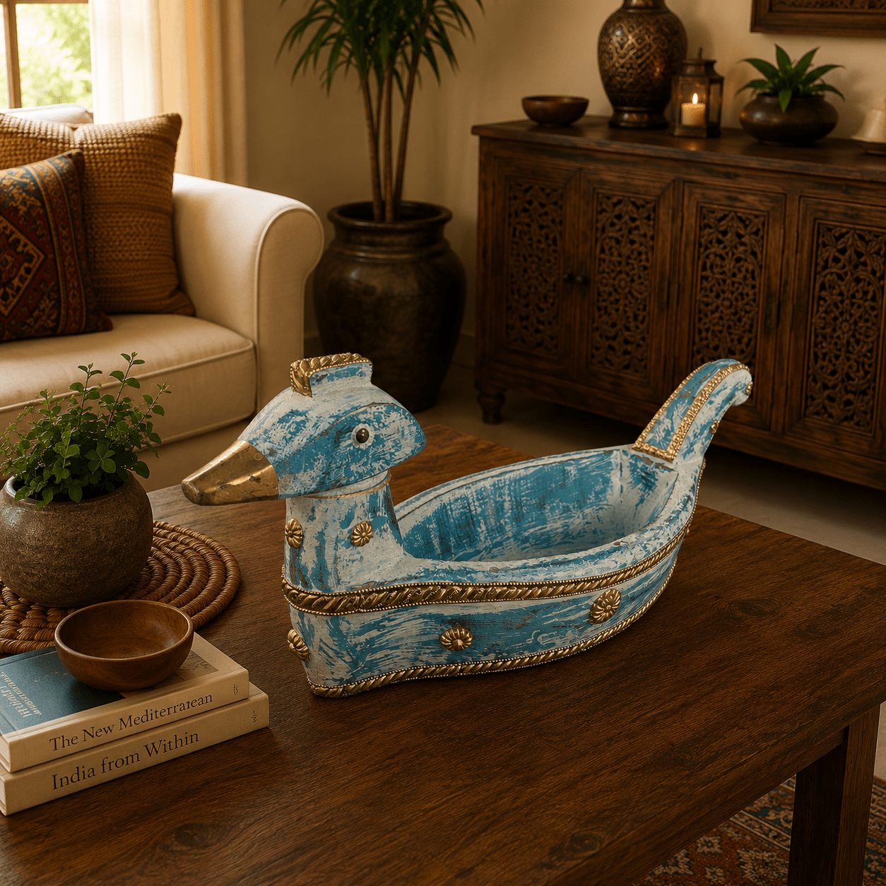Figura Decorativa Artesanal Mayura Azul y Dorado - BOUTIQUEDELAINDIA
