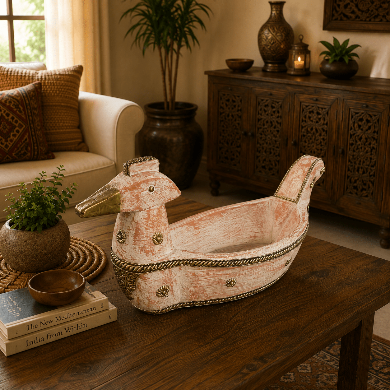 Figura Decorativa Artesanal Mayura Coral y Dorado - BOUTIQUEDELAINDIA