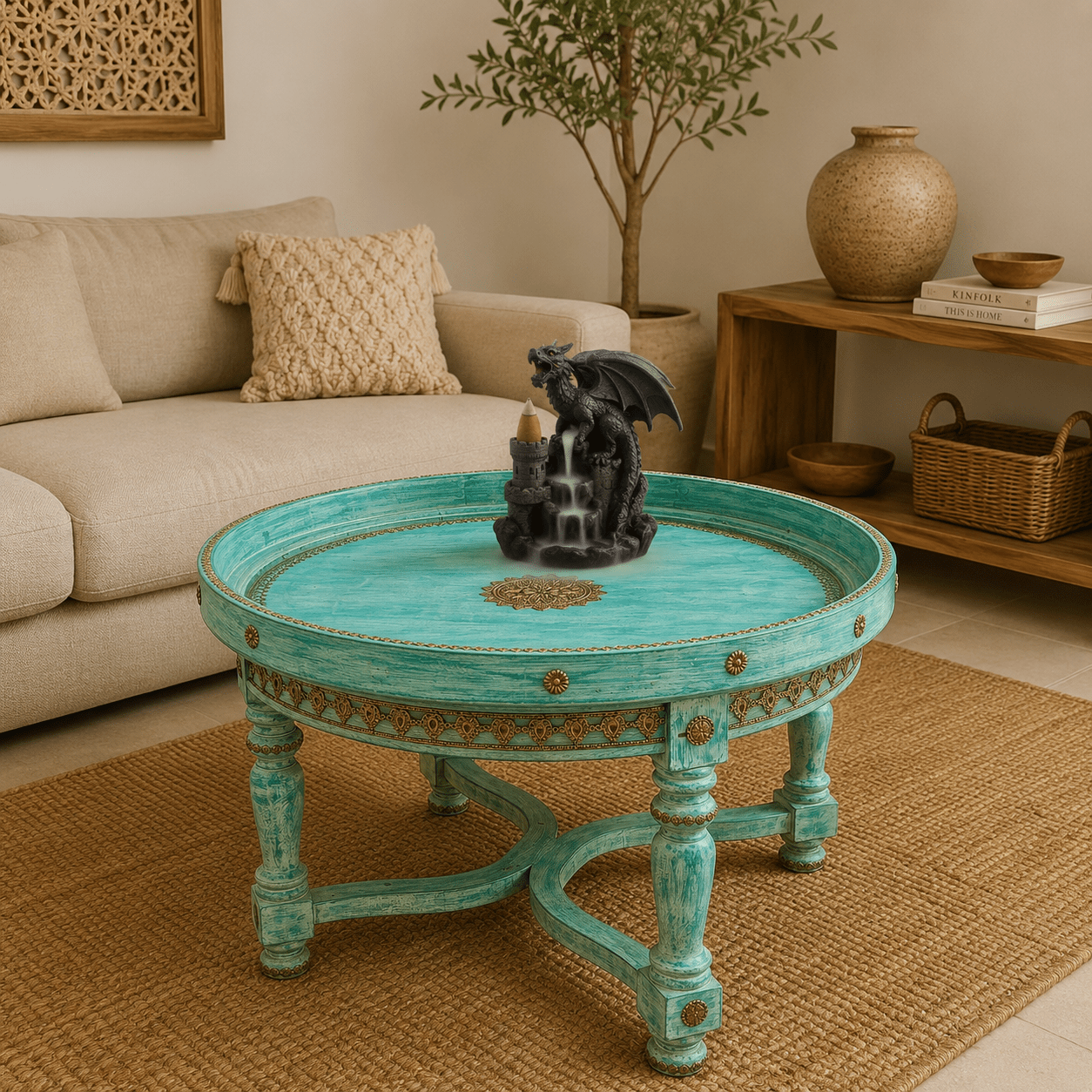 Mesa de Centro Mandala Turquesa y Dorado - BOUTIQUEDELAINDIA