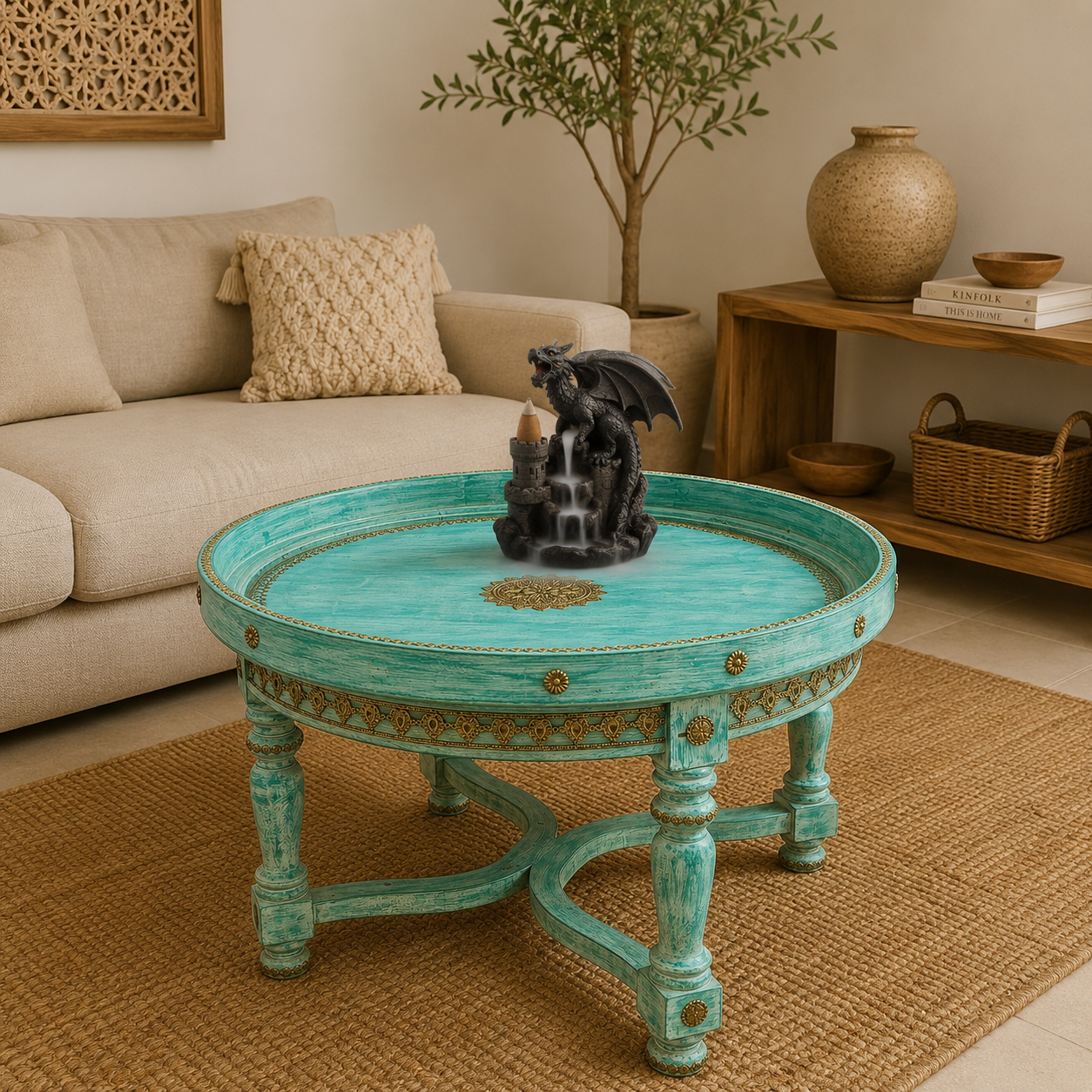 Mesa de Centro Mandala Turquesa y Dorado - BOUTIQUEDELAINDIA
