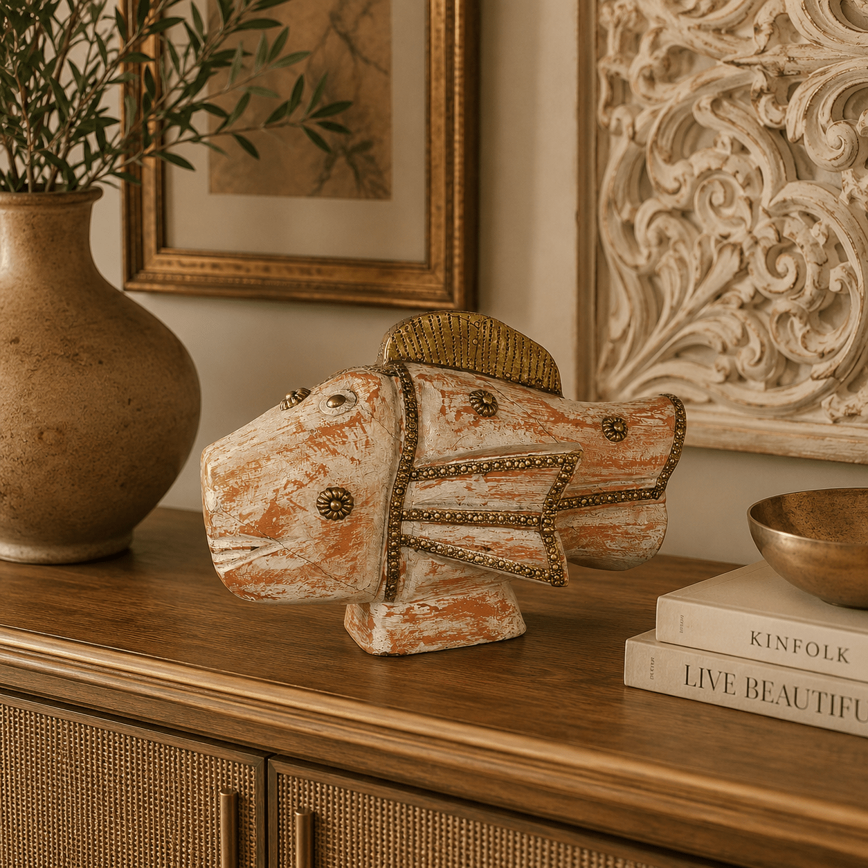 Figura Decorativa Pez Matsya en Madera Rosa - BOUTIQUEDELAINDIA