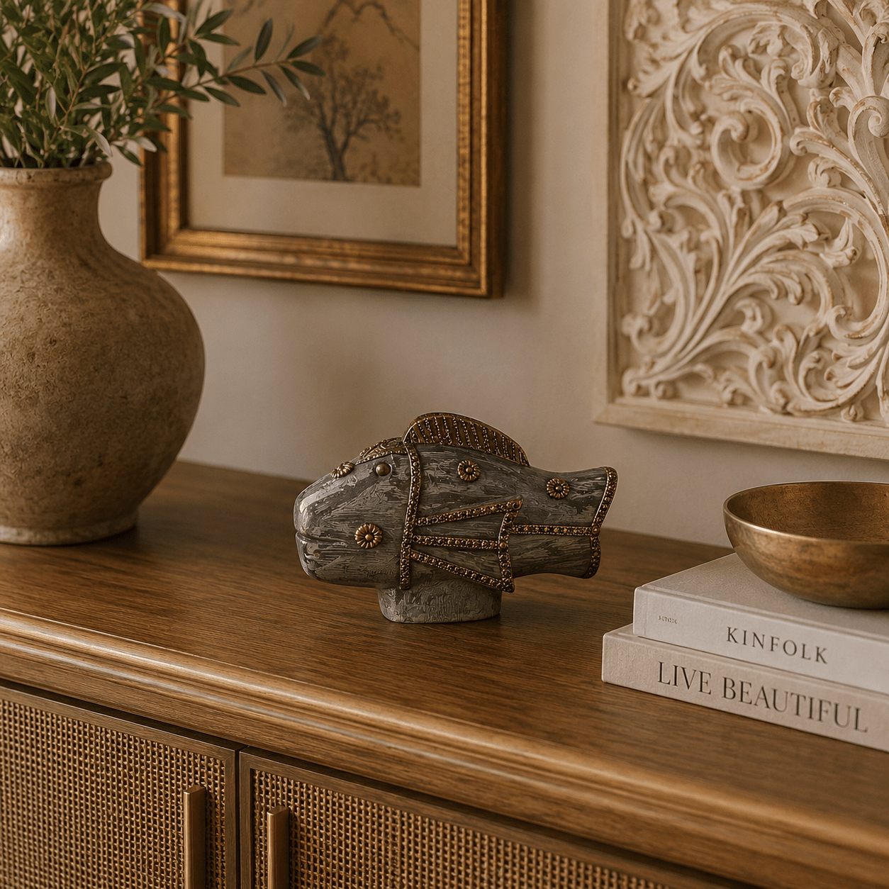 Figura Decorativa Pez Matsya en Madera Gis Pequeño - BOUTIQUEDELAINDIA