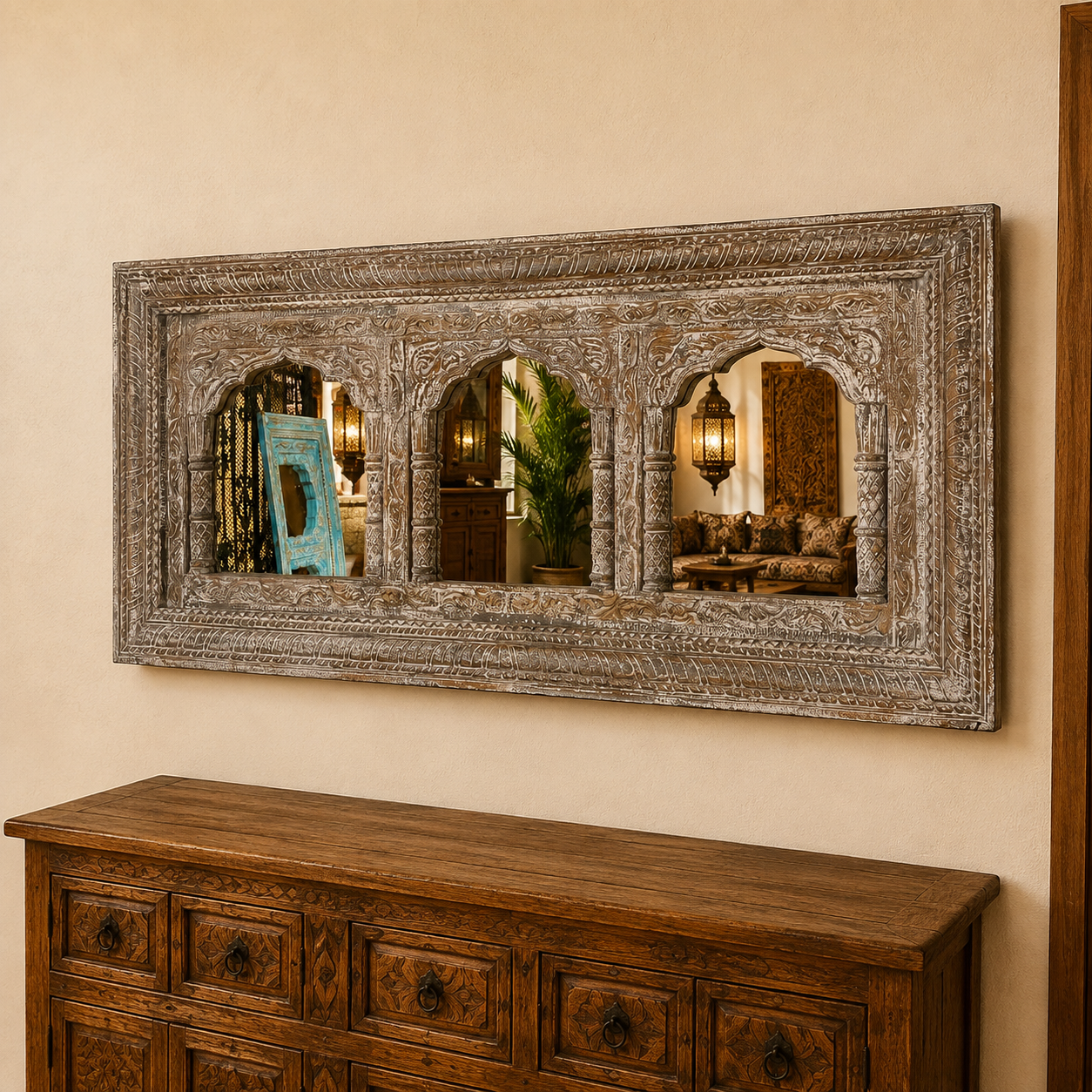 Espejo Oriental de Tres Arcos Jaipur Blanco - BOUTIQUEDELAINDIAENCOLOMBIA