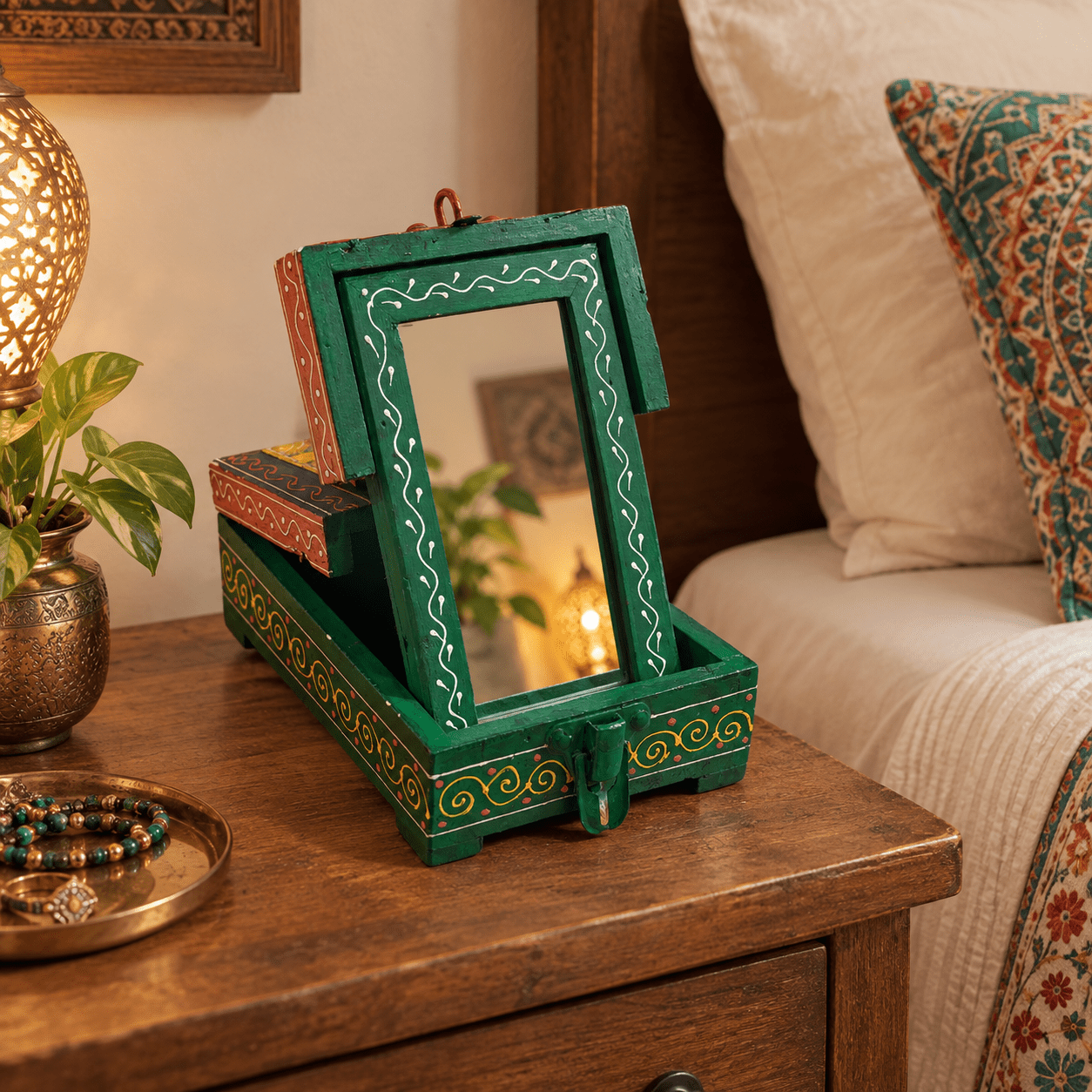 Joyero Artesanal Shringar con Espejo Plegable - BOUTIQUEDELAINDIA