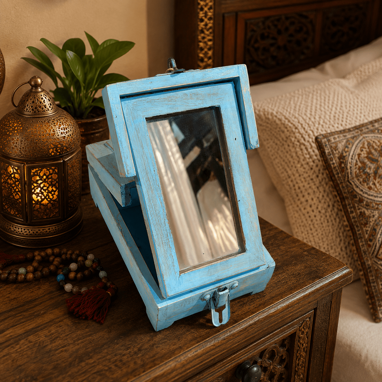 Joyero Artesanal Nila Azul con Espejo Plegable - BOUTIQUEDELAINDIA
