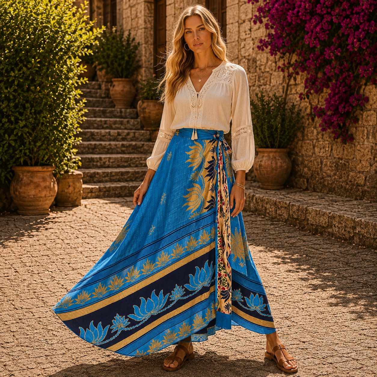 Falda Mágica Larga Kamala Azul Doble Faz - BOUTIQUEDELAINDIA
