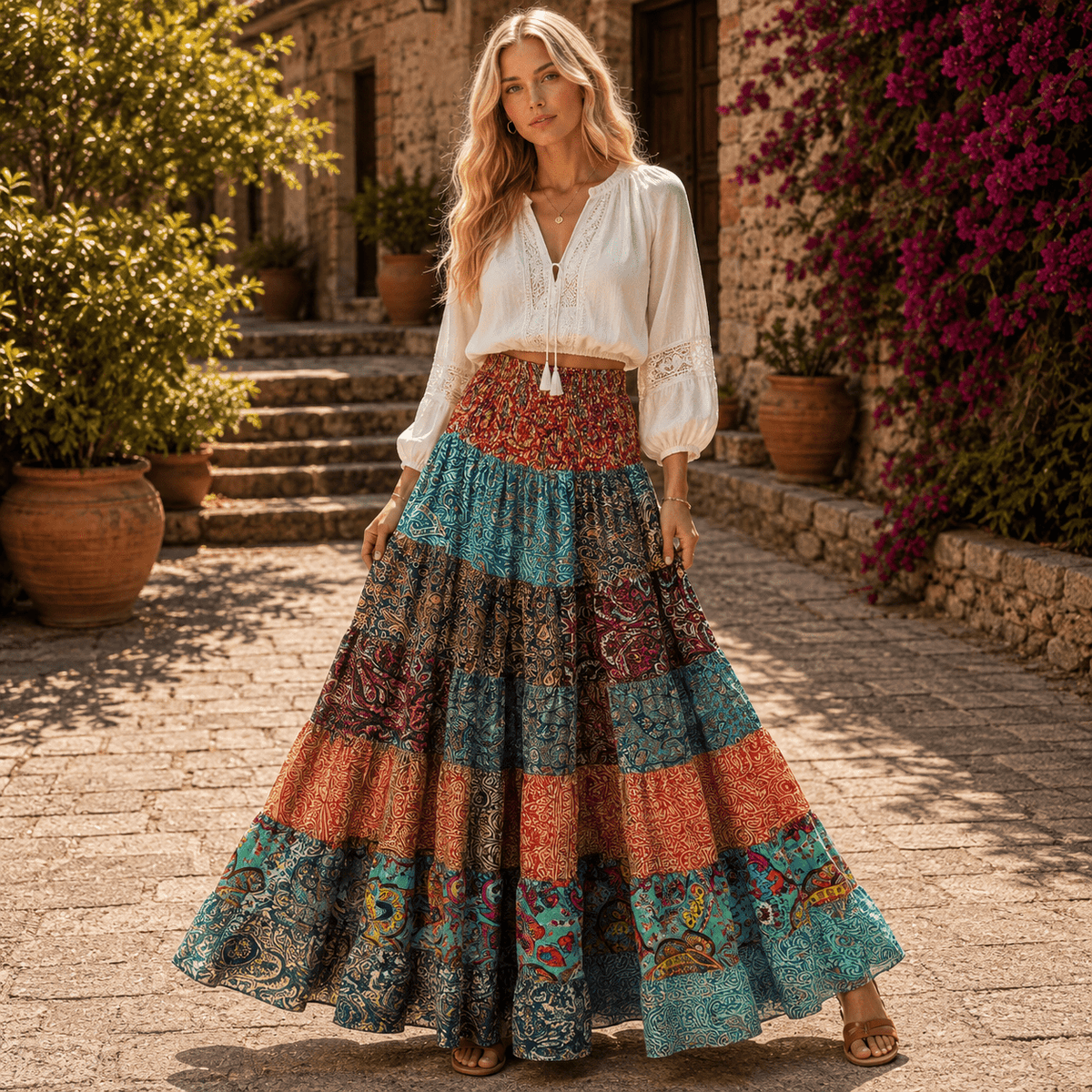 Falda Larga Shakti Patchwork en Seda Oriental - BOUTIQUEDELAINDIA