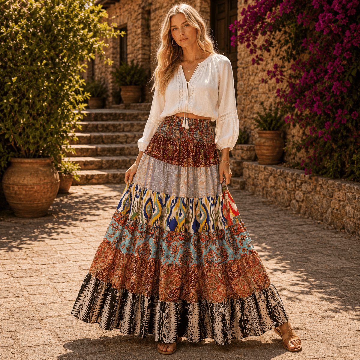 Falda Larga Ananda Patchwork de Seda Oriental - BOUTIQUEDELAINDIA