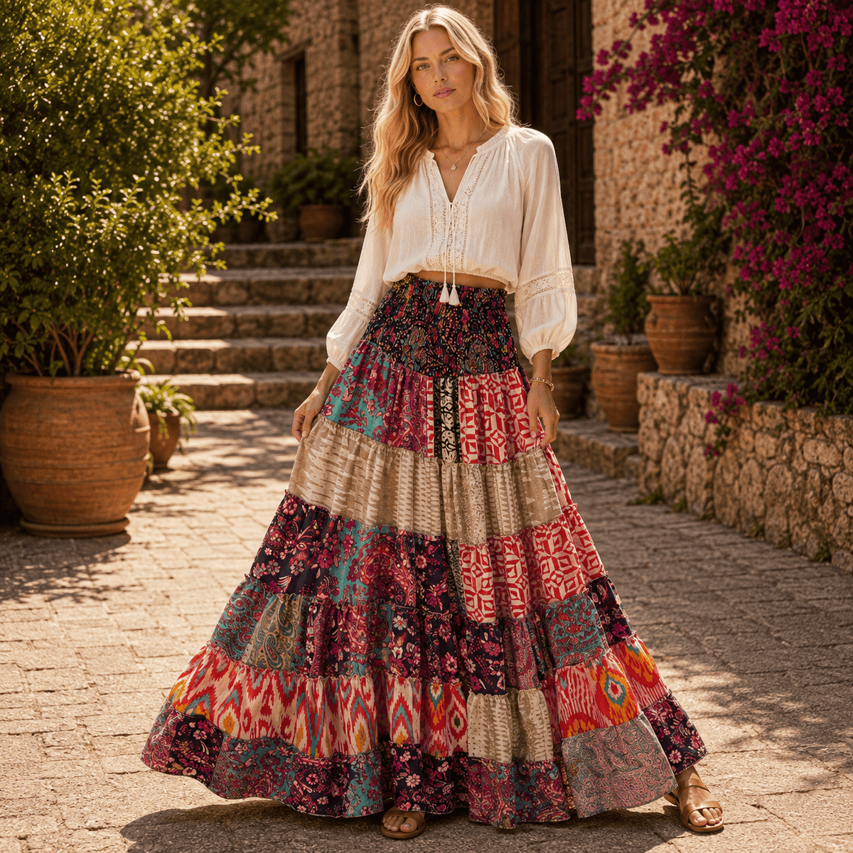 Falda Larga Kali Patchwork en Seda Estampada - BOUTIQUEDELAINDIA