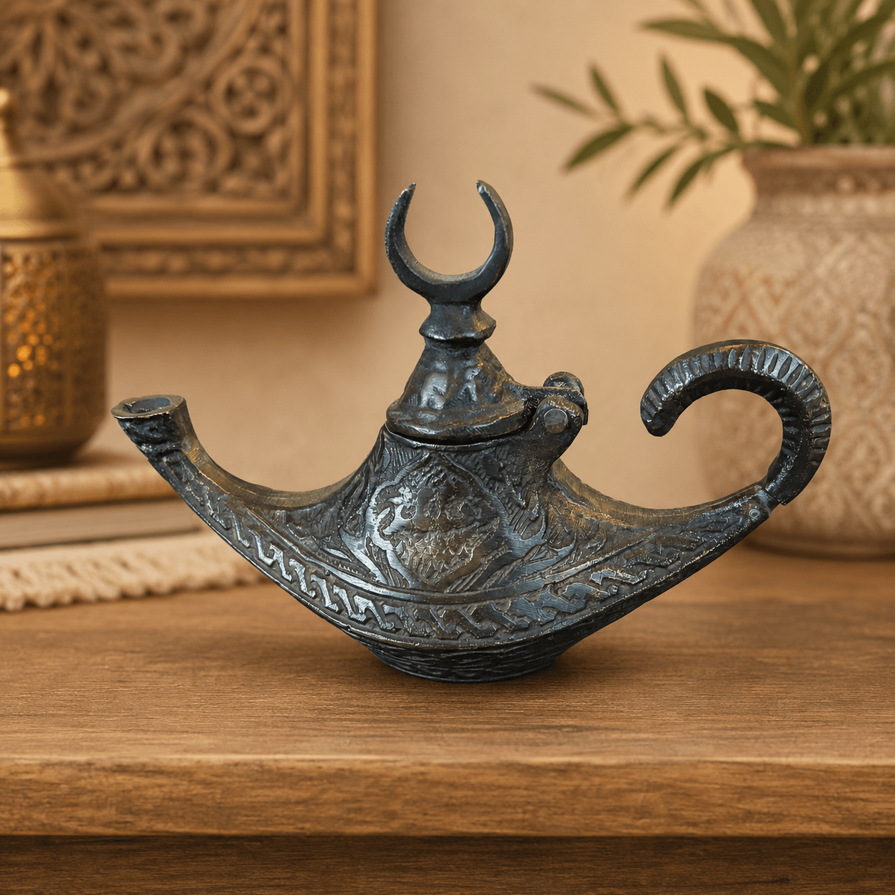 Lámpara Mágica de Aladino con Grabados Orientales Pequeña - BOUTIQUEDELAINDIA