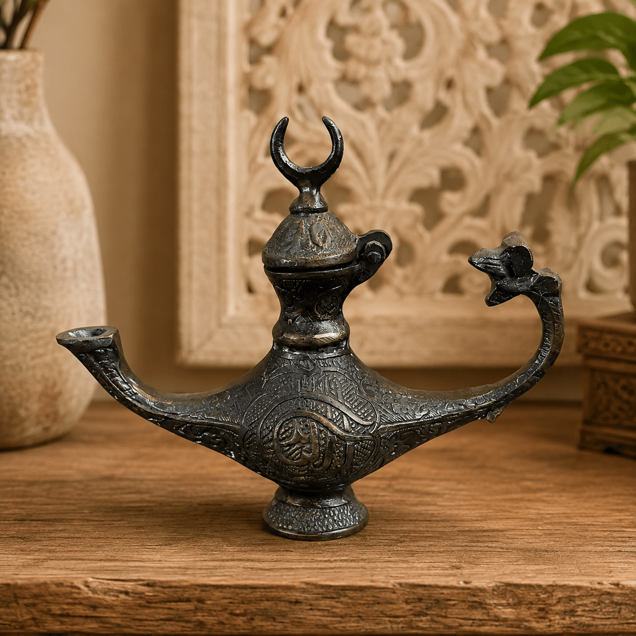 Lámpara Mágica de Aladino con Media Luna y Grabados - BOUTIQUEDELAINDIA