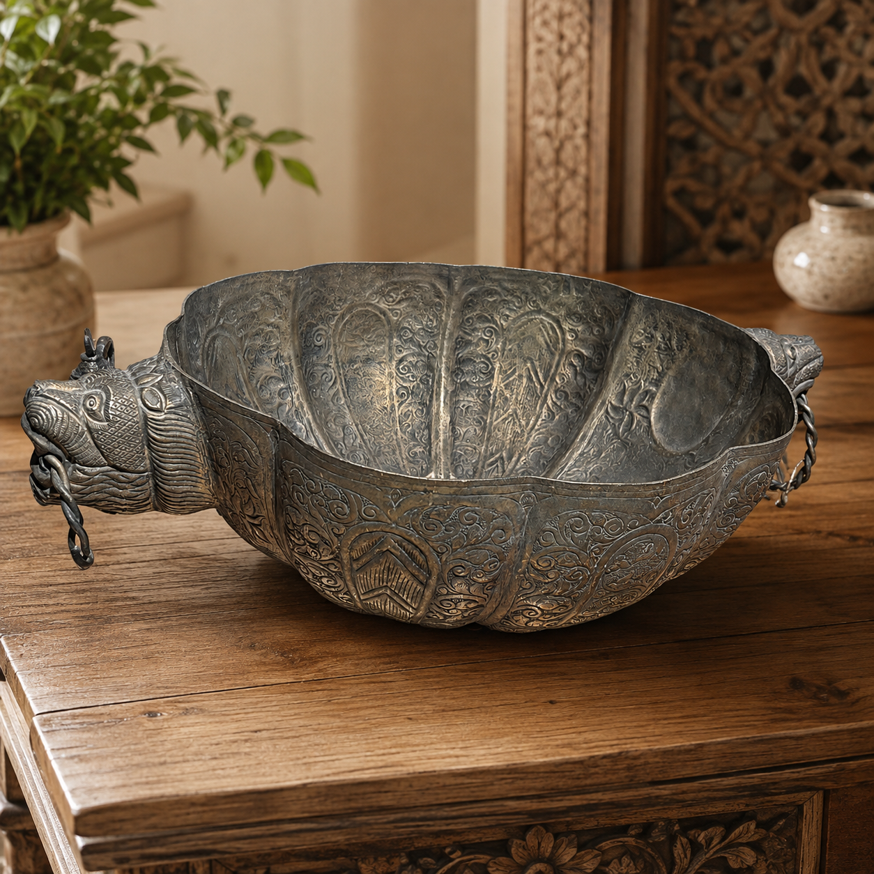 Cuenco Oriental de Metal con Asas de Leones Grabados - BOUTIQUEDELAINDIA
