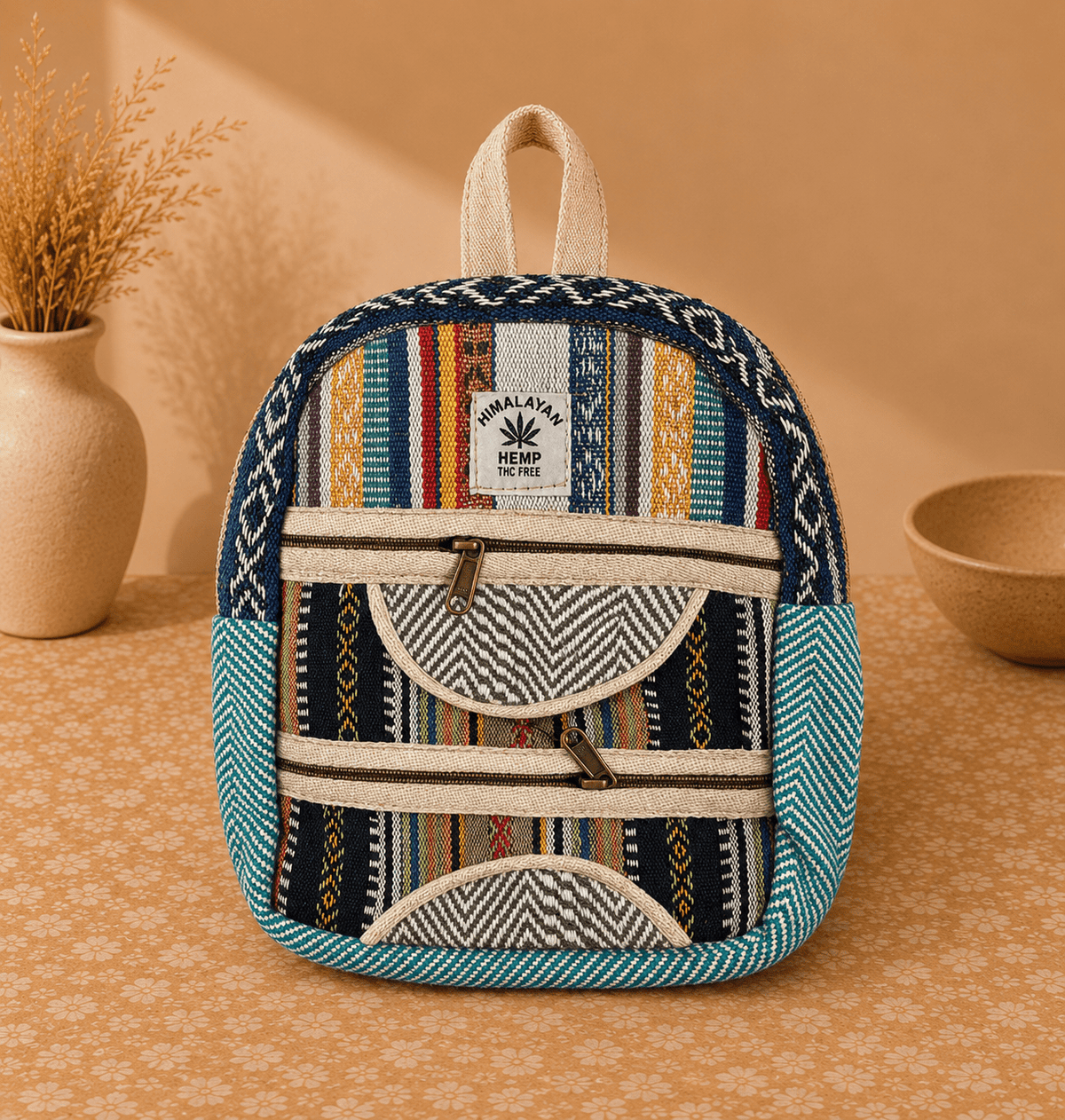 Mochila Himalaya de Hemp con Diseño Étnico Azul - BOUTIQUEDELAINDIA