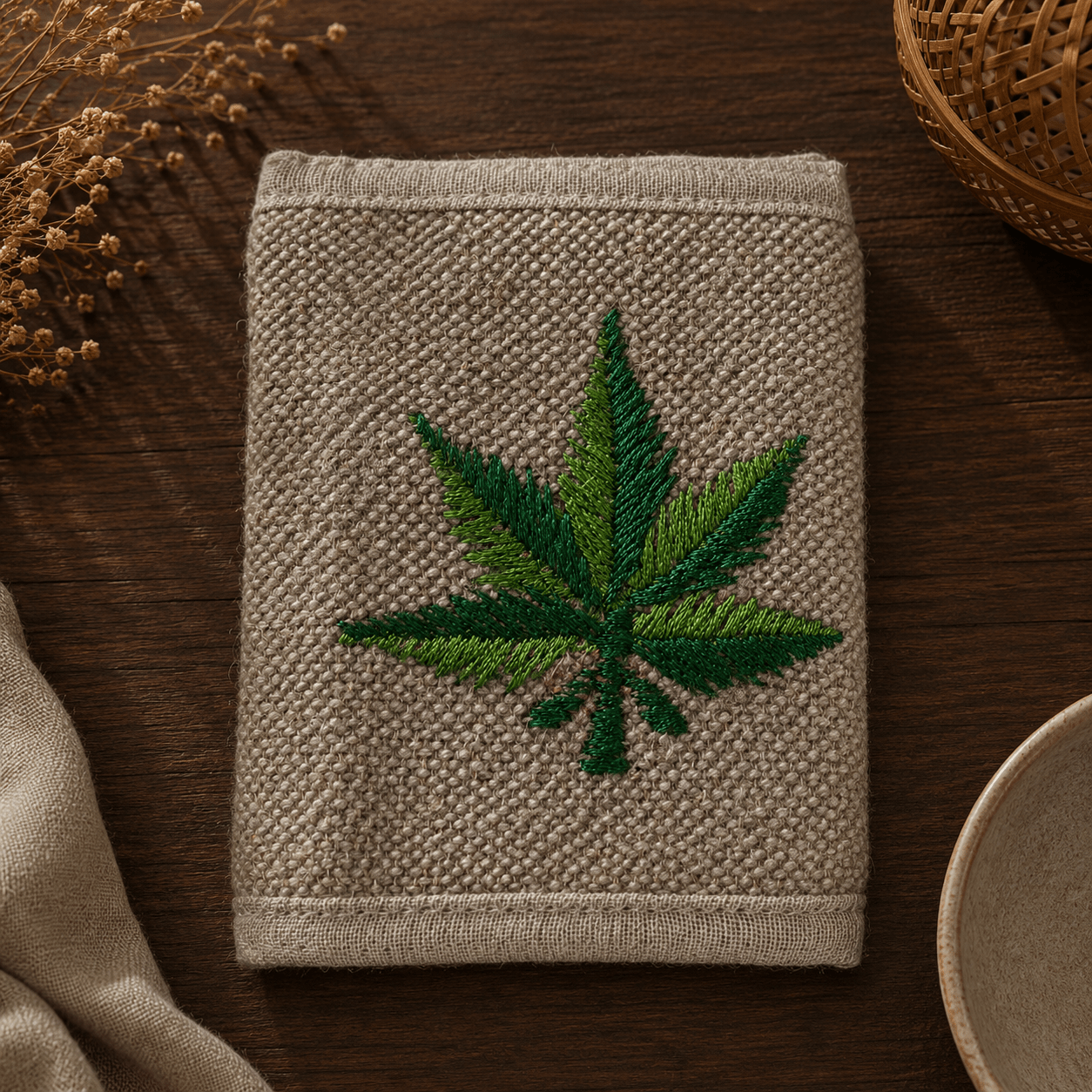 Billetera Himalaya de Hemp con Hoja Verde Bordada - BOUTIQUEDELAINDIA