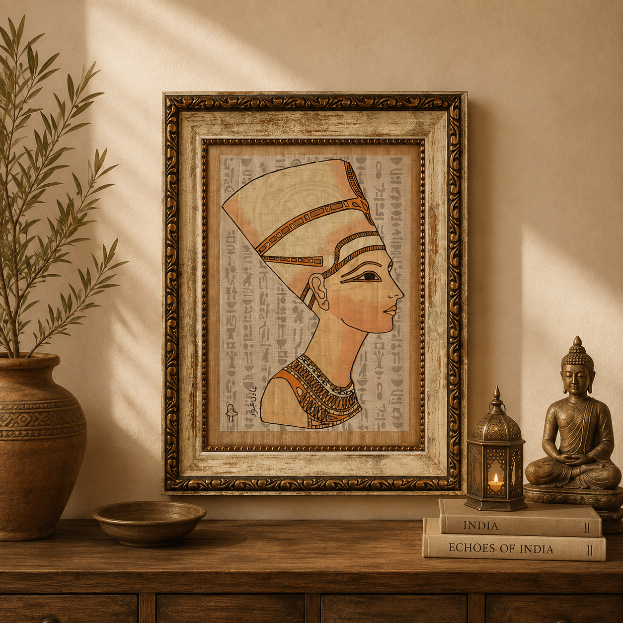 Cuadro Decorativo Egipcio Reina Nefertiti en Papiro - BOUTIQUEDELAINDIA